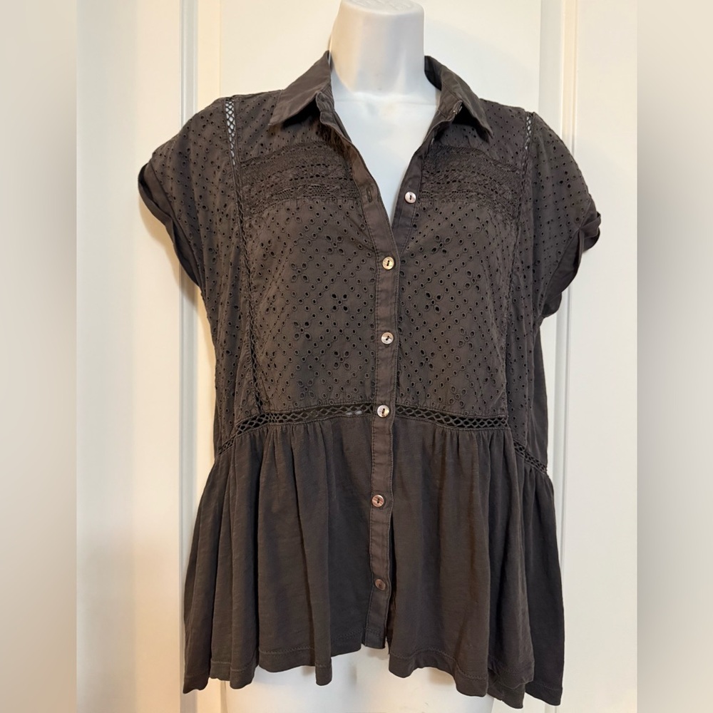 Lucky Brand Dark Gray Peplum Button-Down Shirt